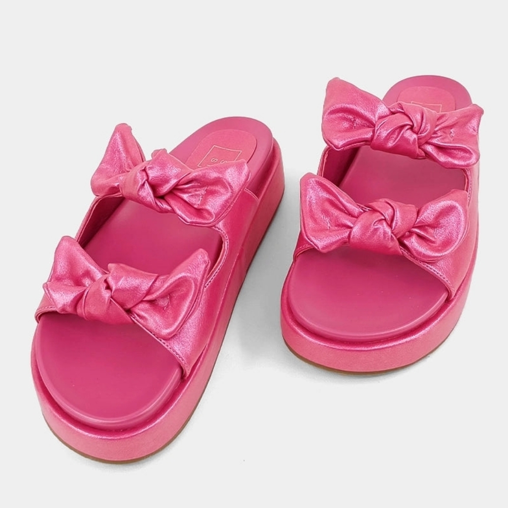 Women's Fucsia Pink Slide Sandals SHUSHOP KIKI Bow Flatform Slide Sandal